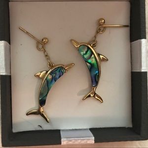 Gold and Turquoise Dolphin Stud Dangle Earrings